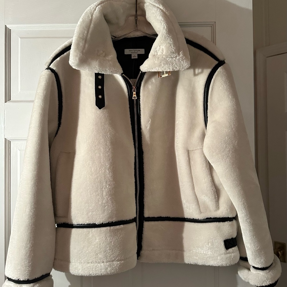 Ann Taylor Ivory Teddy Jacket with Dark Trim